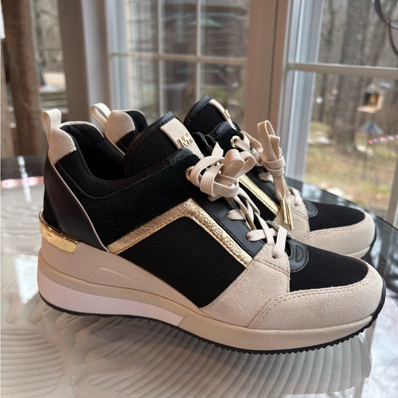MICHAEL Michael Kors Shoes - Michael Kors Georgie Trainers Black, Cream & Gold Wedge Sneakers